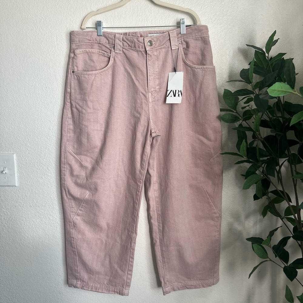 Zara The Cropped Barrel Leg Jeans In Pink Denim Baggy NWT